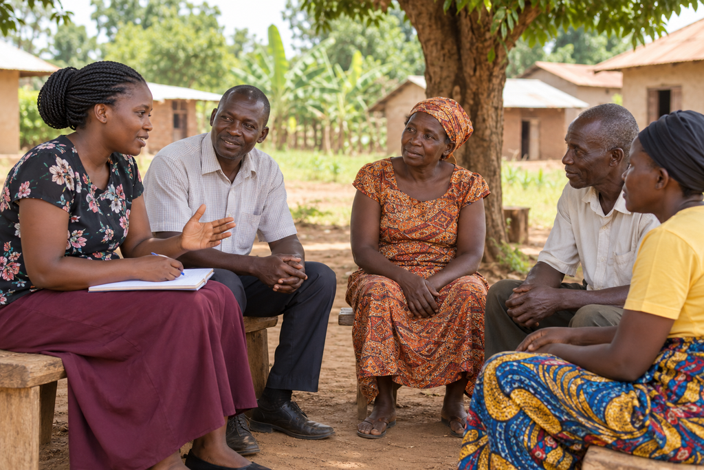 Illustration of a community health discussion in a rural setting